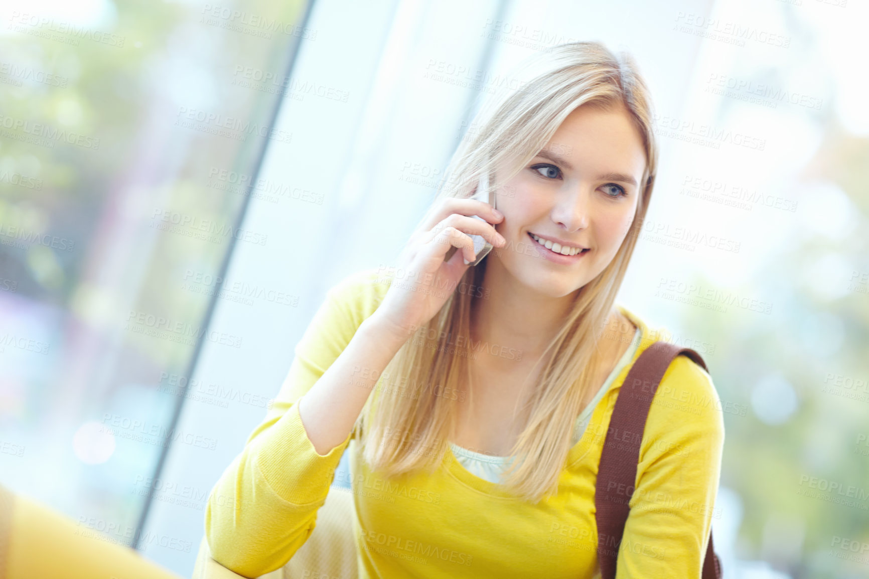 Buy stock photo Girl, talking and phone call in airport waiting area for study abroad or journey as university student. Female person, mobile tech and travel for education, course or college on holiday or vacation