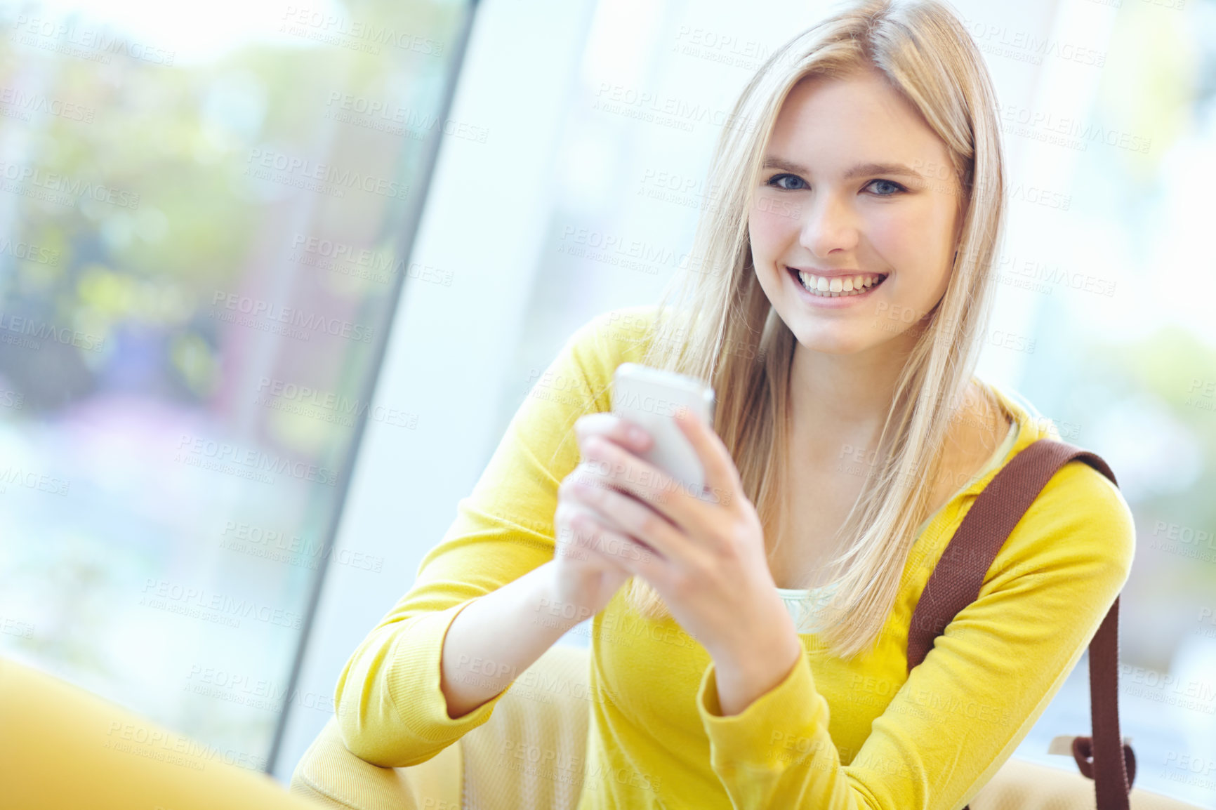 Buy stock photo Girl, portrait and typing on mobile phone in airport waiting area on study abroad or travel. Female person, tech and trip for education, course or college on holiday or vacation as university student