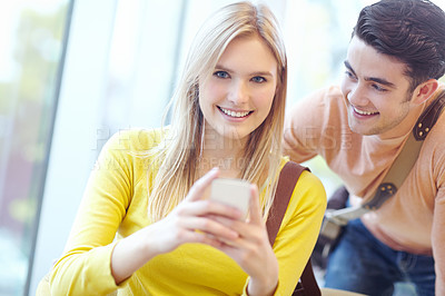 Buy stock photo Happy, typing and couple with smartphone, portrait and connection with social media, texting and contact. Message, man and woman with cellphone, internet and communication with email for exam results