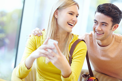 Buy stock photo Happy, funny and couple with smartphone, smile and connection with social media, texting and contact. Joke, man and woman with cellphone, message or communication with email for exam results or laugh