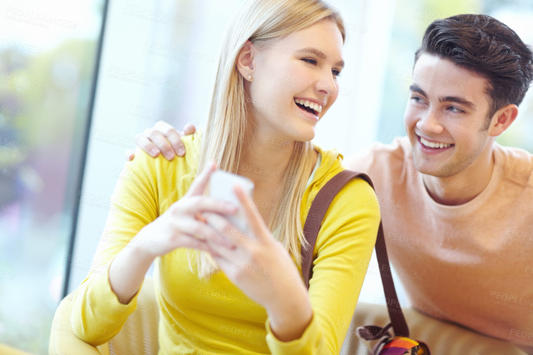 Buy stock photo Happy, funny and couple with smartphone, smile and connection with social media, texting and contact. Joke, man and woman with cellphone, message or communication with email for exam results or laugh