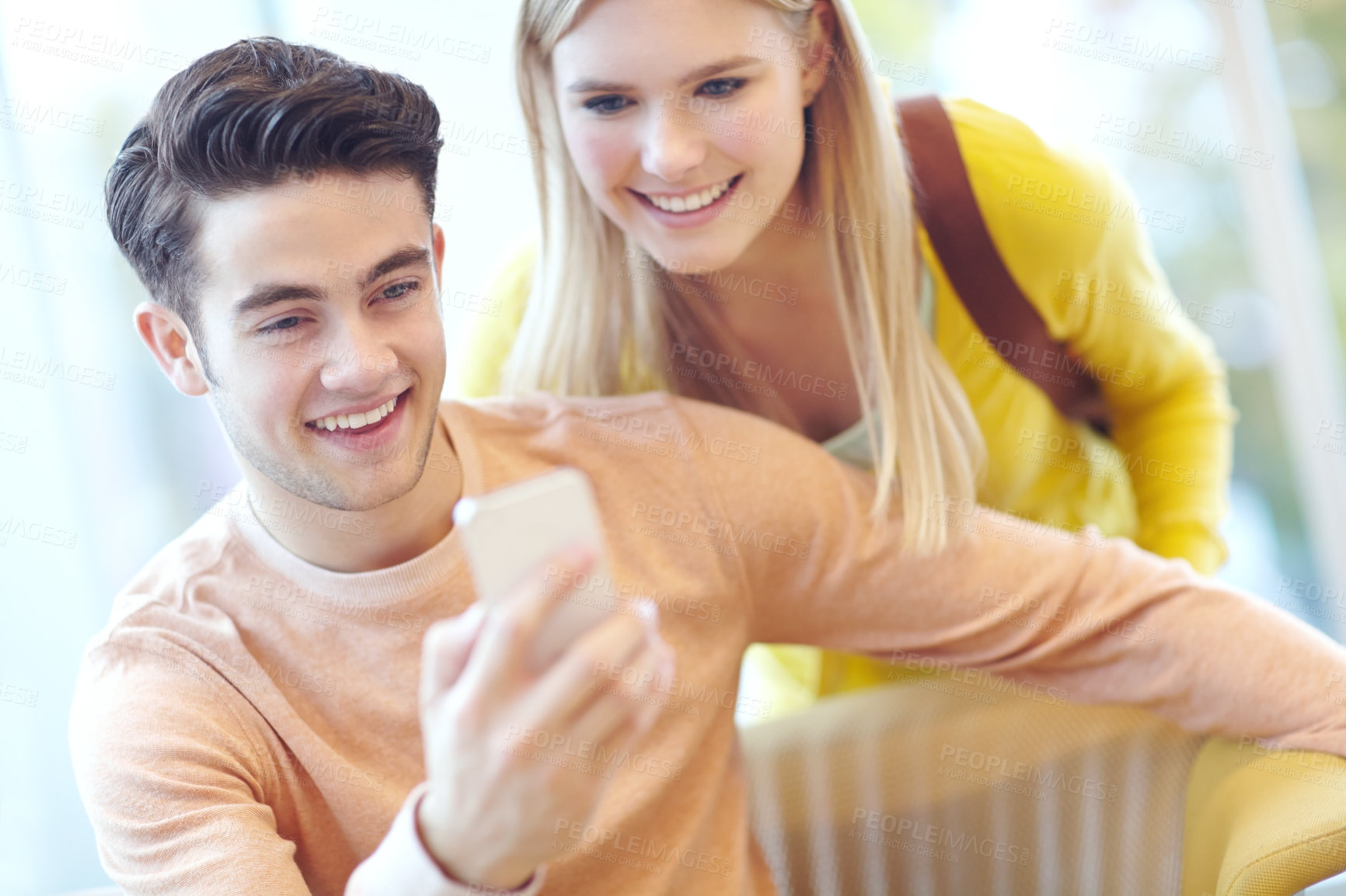 Buy stock photo Happy, typing and couple with smartphone, chatting and connection with social media, texting and digital app. Smile, man and woman with cellphone, contact or communication with email for exam results