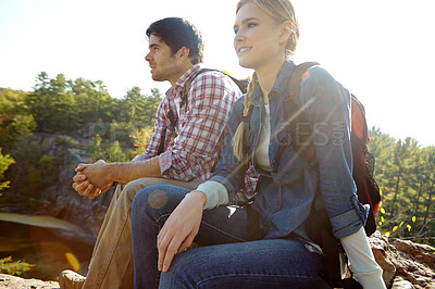 Buy stock photo Relax, view or couple hiking in woods for travel, outdoor adventure or journey in nature with smile. Hikers, face or people resting in forest on holiday vacation, scenic trip or break to explore park