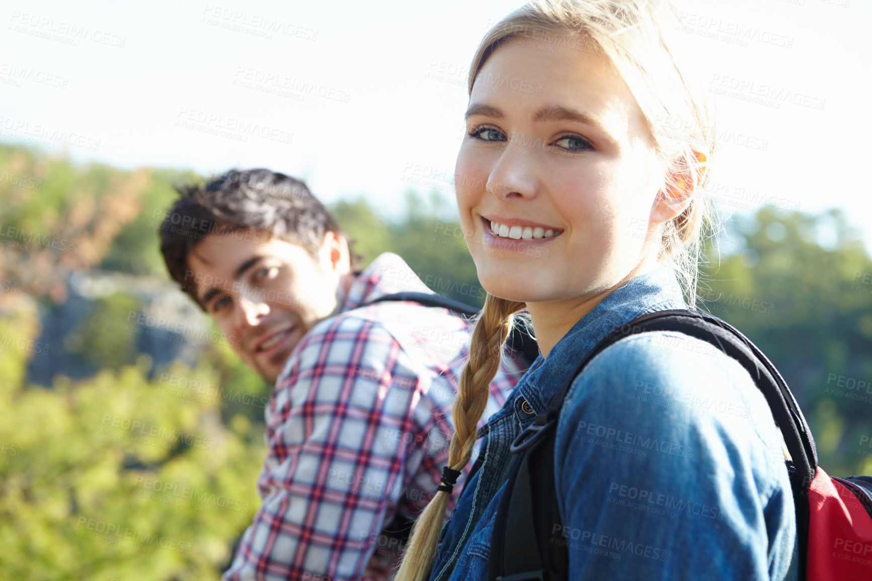 Buy stock photo Rest, portrait or happy couple hiking in woods for travel, outdoor adventure or journey in nature with smile. Tired hikers, face or people in forest on holiday vacation, trip or break to explore park