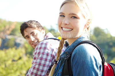 Buy stock photo Relax, portrait or happy couple hiking in woods for travel, outdoor adventure or journey in nature with smile. Hikers, face or people in forest on holiday vacation, trip and break to explore park