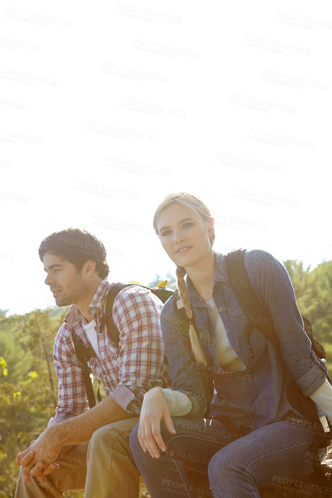 Buy stock photo Resting, portrait or couple hiking in forest for travel, outdoor adventure or journey in nature together. Hikers, woods or people chill on break to relax on holiday vacation or trip to explore park