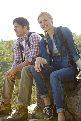 Buy stock photo Break, portrait or couple hiking in forest for travel, outdoor adventure or journey in nature together. Hikers, woods or people resting to relax or chill on holiday vacation or trip to explore park