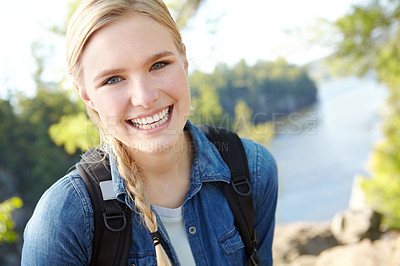 Buy stock photo Hiking, smile and portrait of woman in nature for wildlife biologist, field research and ecology. Wellness, travel and adventure with person in forest for environment study, conservation and relax