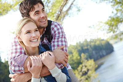 Buy stock photo View, hug or couple by lake in forest for travel, outdoor adventure or hiking in nature together. Romantic, woods and happy people resting to relax on holiday vacation, break or trip to explore park