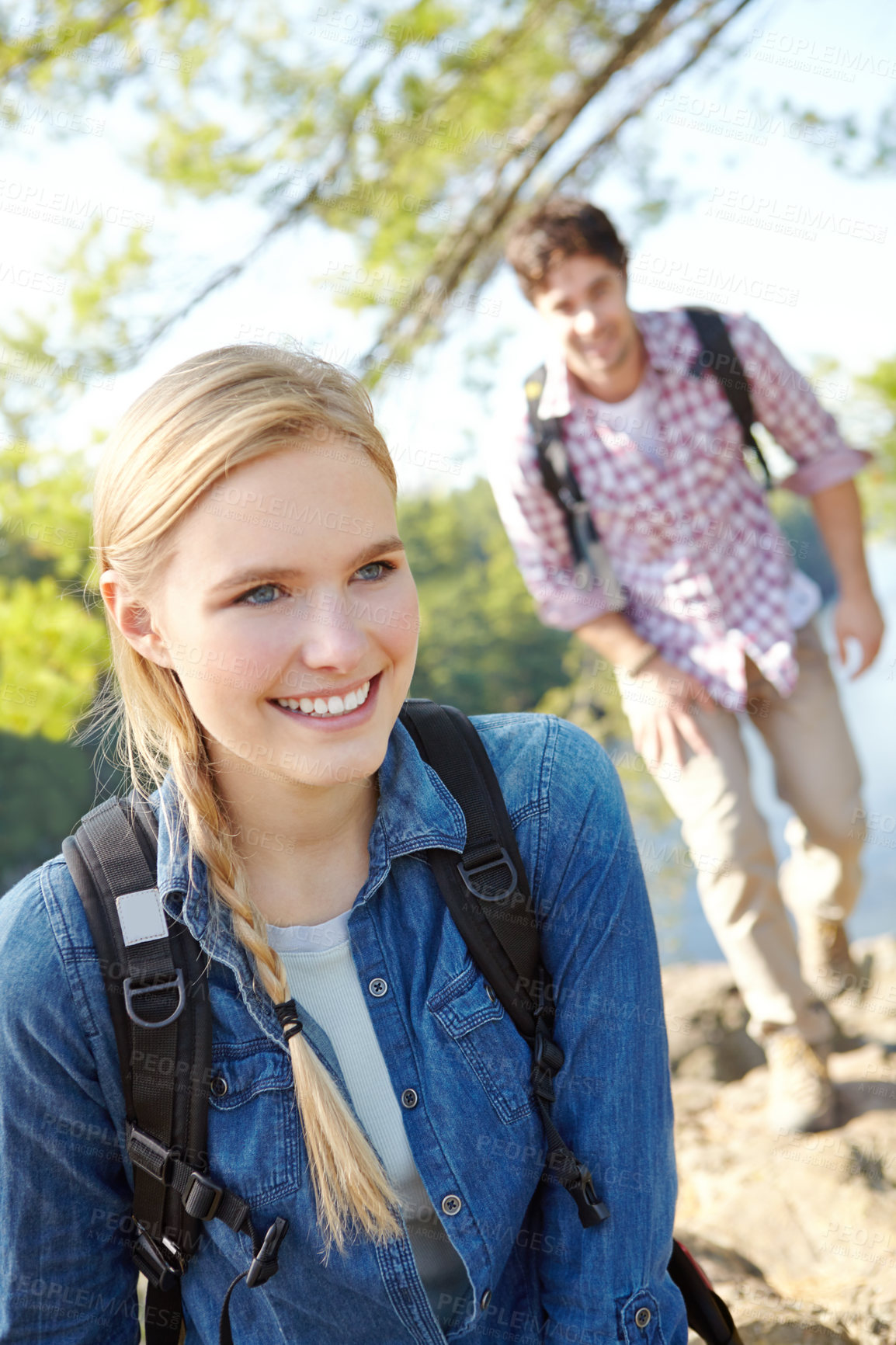 Buy stock photo Nature, hiking and woman thinking on adventure trail in forest for backpacker vacation. Health, happy girl and man with camping, holiday and couple bonding together with summer Norway woods outdoors