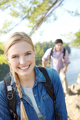 Buy stock photo Portrait, hiking and woman on adventure trail in forest for backpacker vacation. Health, happy girl and man with camping, holiday and couple bonding together with summer Norway woods outdoors