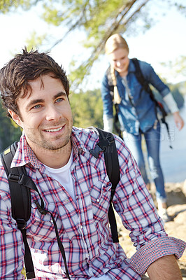 Buy stock photo Nature, hiking and man relax on adventure trail in forest for backpacker vacation. Health, happy guy and woman with camping, holiday and couple bonding together with summer Norway woods outdoors