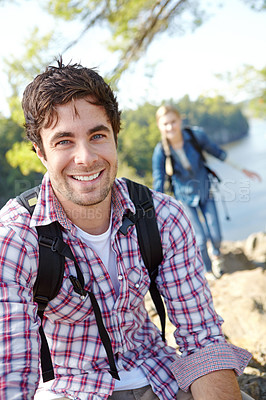 Buy stock photo Happy man, portrait or couple hiking in woods for travel, outdoor adventure or journey in nature. Mountain, hikers or people in forest together on holiday vacation, fun trip or break to explore park