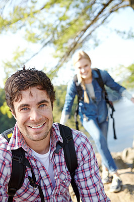 Buy stock photo Happy man, portrait or couple hiking in nature for travel, outdoor adventure or journey in woods. Mountain, hikers or people in forest together on holiday vacation, lake trip or break to explore park