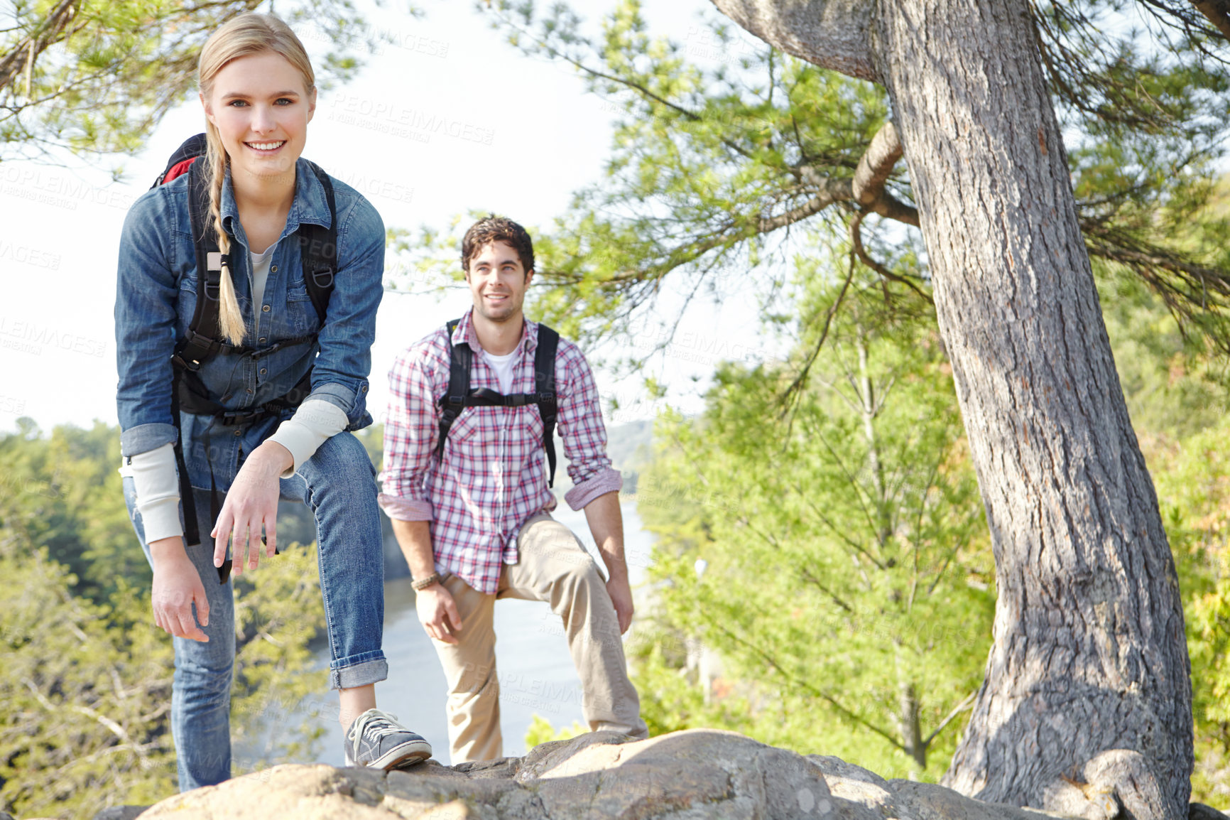 Buy stock photo Hiking, couple and portrait with smile in nature for outdoor adventure, travel and journey together. Happy, man and woman with backpack on mountain for trekking, exploring and tourism in Argentina