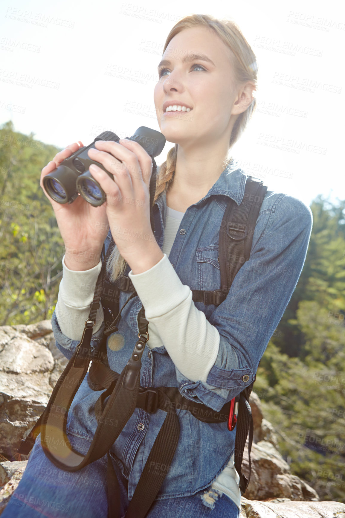 Buy stock photo Hiking, binoculars and peace with woman in nature for wildlife biologist, field research and ecology. Wellness, travel and adventure with person for environment study, conservation and outdoor