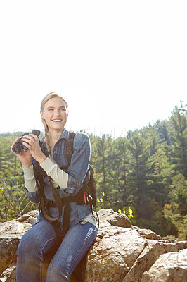 Buy stock photo Hiking, binoculars and travel with woman in nature for wildlife biologist, field research and ecology. Wellness, health and adventure with person for environment study, conservation or relax mockup