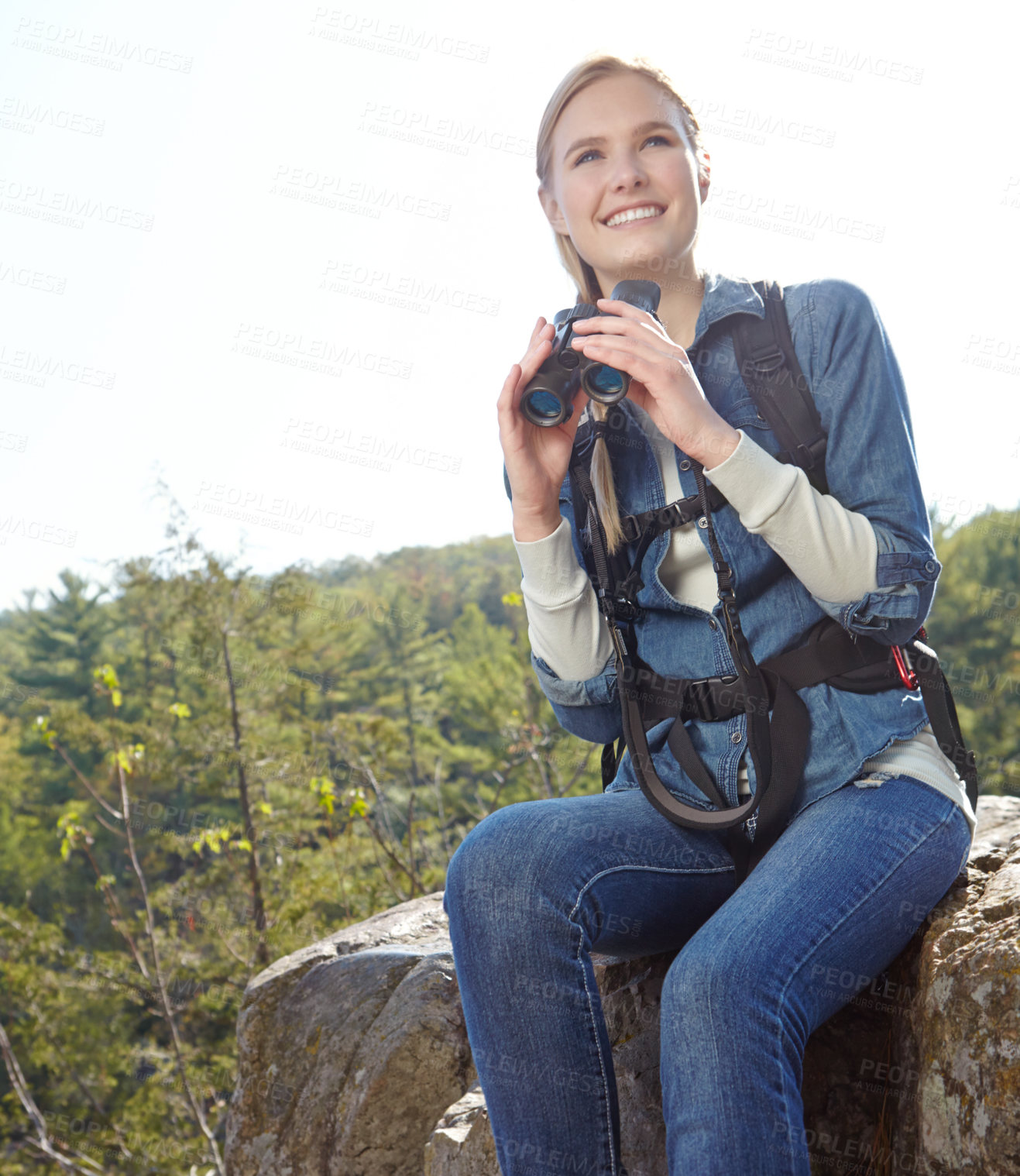 Buy stock photo Binoculars, forest and woman hiking for journey, jungle adventure and nature explore with backpack. Hiker, camper and girl trekking in woods for view, search or birdwatching outdoor Norway travel