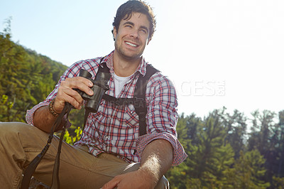 Buy stock photo Trekking, binoculars and woods with man in nature for wildlife biologist, field research and ecology. Wellness, travel and adventure with person for environment study, conservation and hiking