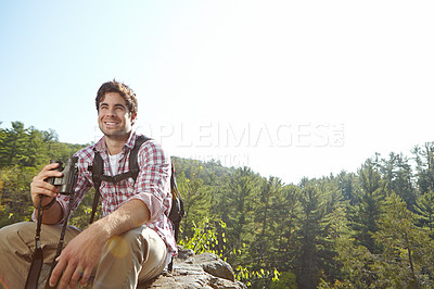 Buy stock photo Hiking, binoculars and health with man in nature for wildlife biologist, field research and ecology. Wellness, travel and adventure with person for environment study, conservation and trekking mockup