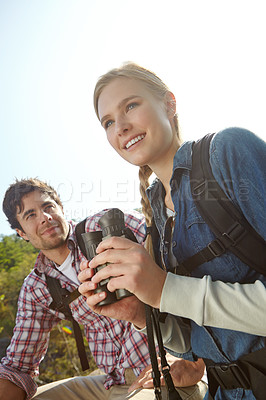 Buy stock photo View, binocular or happy couple in woods or mountain for travel and outdoor adventure in park. Watching, hiking or people sightseeing together on holiday vacation, trip or break to explore forest