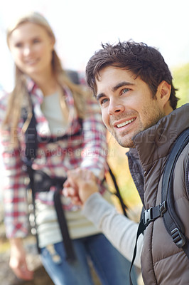 Buy stock photo View, forest or happy couple holding hands in nature for travel, outdoor adventure and journey. Smile, help or people in woods together on holiday vacation, mountain trip or break to explore park