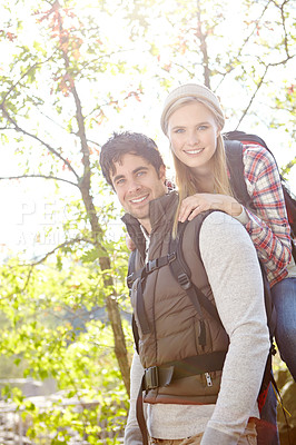 Buy stock photo Portrait, hike date or happy couple in forest for travel, outdoor adventure or trekking journey in nature. Relax, smile or people in woods together for holiday vacation, trip or break to explore park