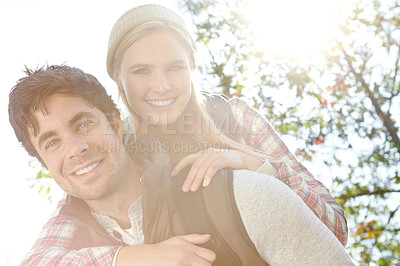 Buy stock photo Romance, portrait or happy couple hiking in woods for travel, outdoor adventure or journey in nature. Low angle, hikers or people in forest together on holiday vacation, trip or break to explore park