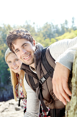 Buy stock photo Date, portrait or happy couple hiking in forest for travel, outdoor adventure or journey in nature. Support, hikers or people in woods together on holiday vacation, fun trip or break to explore park