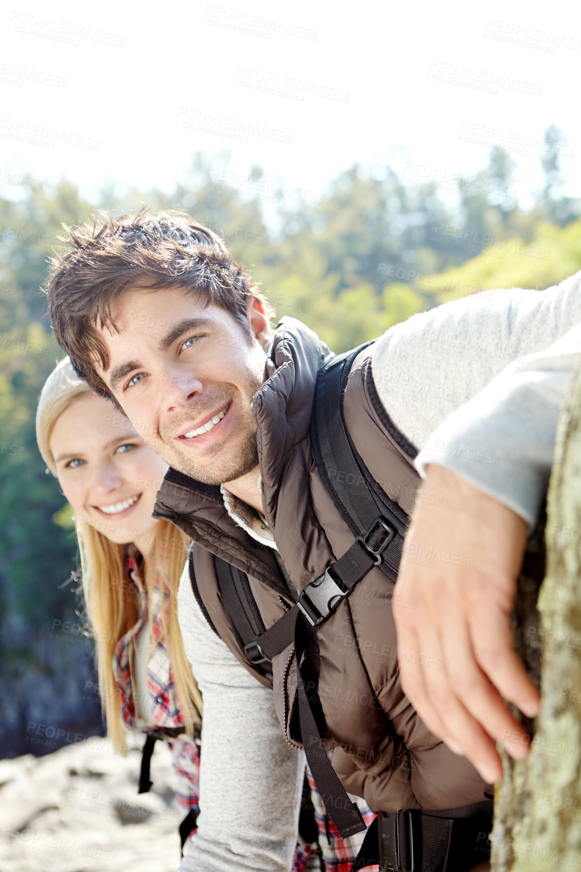 Buy stock photo Date, portrait or happy couple hiking in forest for travel, outdoor adventure or journey in nature. Support, hikers or people in woods together on holiday vacation, fun trip or break to explore park