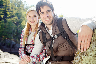 Buy stock photo Honeymoon, portrait or happy couple hiking in forest for love, outdoor adventure or journey in nature. Date, hikers or people in woods together on holiday vacation, fun trip or break to explore park