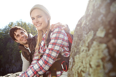 Buy stock photo Mountain, portrait or happy couple hiking in woods for love or romantic outdoor adventure in nature. Honeymoon, hikers or people in forest together on holiday vacation, trip or break to explore park