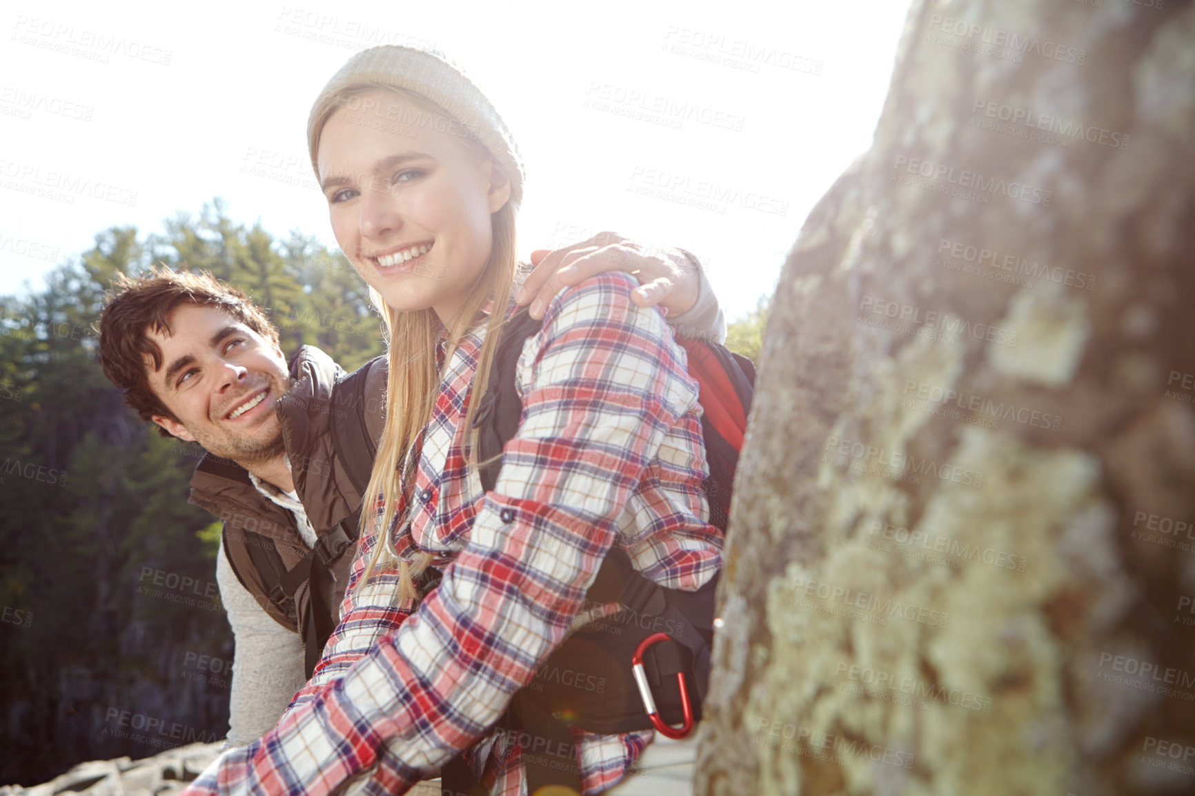 Buy stock photo Mountain, portrait or happy couple hiking in woods for love or romantic outdoor adventure in nature. Honeymoon, hikers or people in forest together on holiday vacation, trip or break to explore park