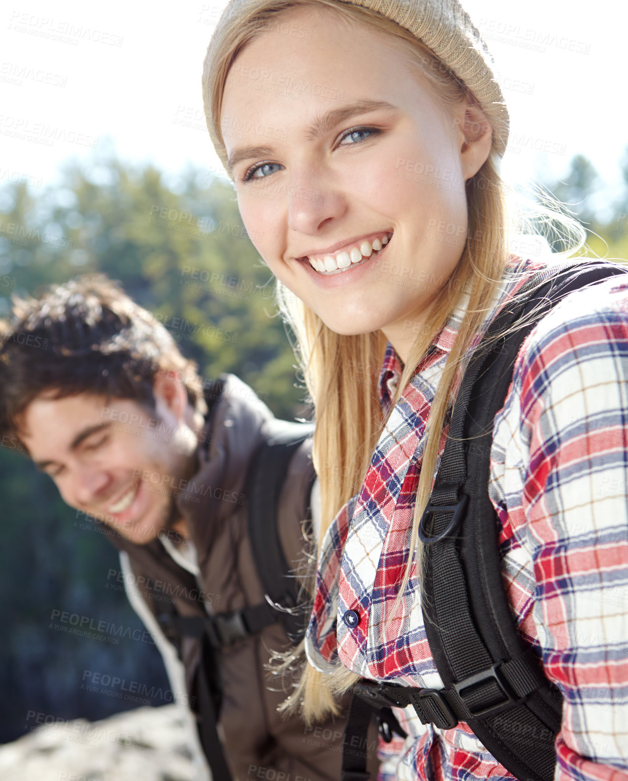 Buy stock photo Woman, portrait or happy couple hiking in woods for travel, outdoor adventure or journey in nature. Support, hikers or people in forest together on holiday vacation, trip or break to explore park
