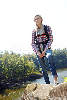 Buy stock photo Hiking, trekking and explore with woman in nature for wildlife biologist, field research and ecology. Wellness, travel and adventure with person for environment study, conservation and mockup