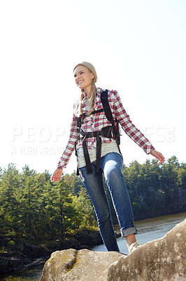 Buy stock photo Hiking, freedom and explore with woman in nature for wildlife biologist, field research and ecology. Wellness, travel and adventure with person for environment study, conservation and forest mockup