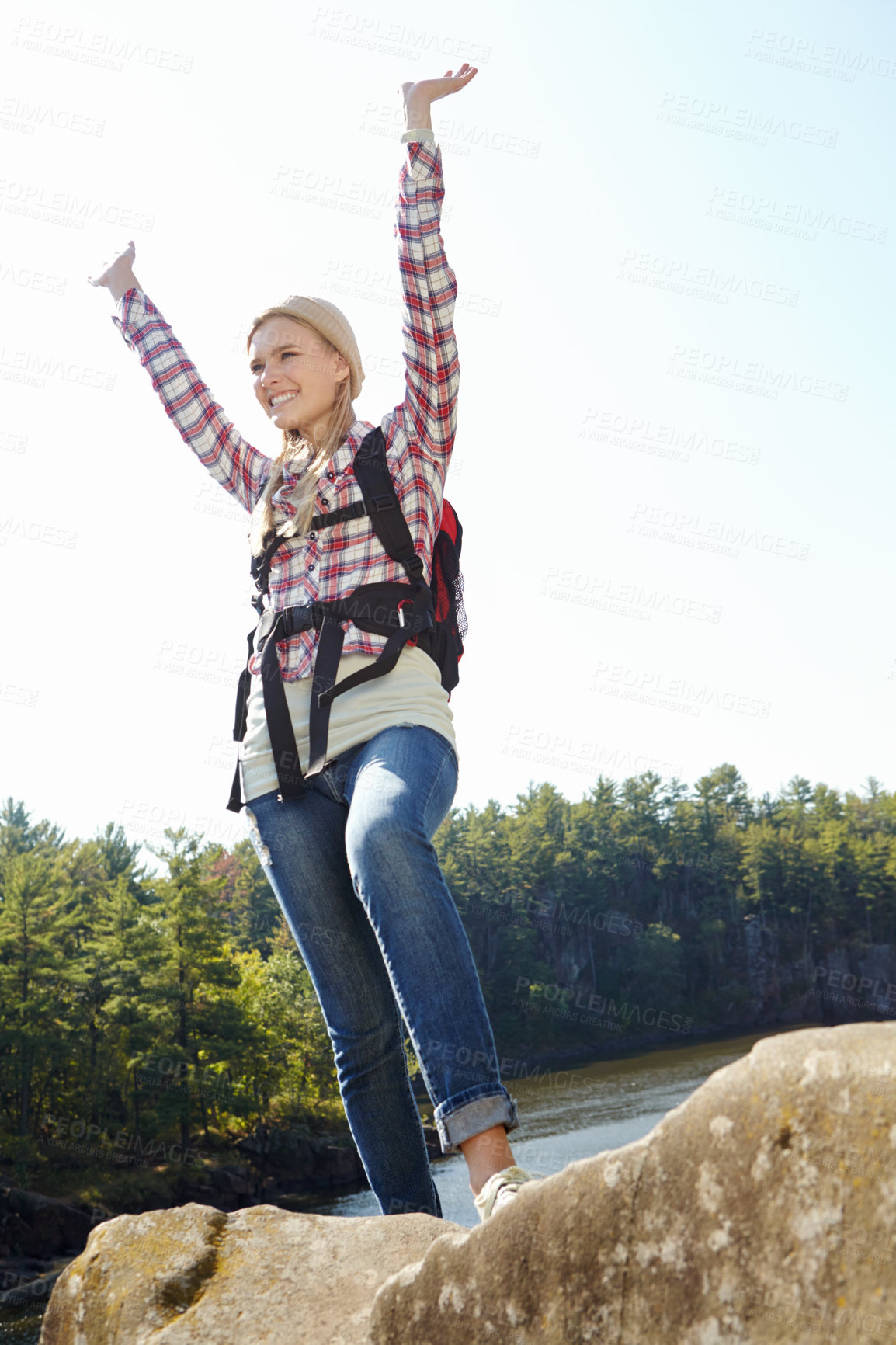 Buy stock photo Hiking, freedom and trekking with woman in nature for wildlife biologist, field research and ecology. Wellness, travel and adventure with person for environment study, conservation and forest mockup