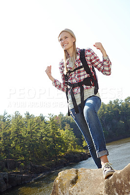 Buy stock photo Nature, hiking and woman celebration on adventure trail in forest for backpacker vacation. Health, excited girl and camping with holiday, workout success and win with summer Norway woods outdoors