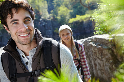 Buy stock photo Mountain, journey or happy couple hiking in woods for love or romantic outdoor adventure in nature. Trekking, hikers or people in forest together on holiday vacation, trip or break to explore park