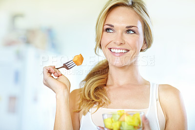 Buy stock photo Happy woman, ideas and eating fruit salad in home with smile, healthy breakfast and minerals for vitamins. Morning, Australia and model with organic food for thinking, benefits and diet nutrition 