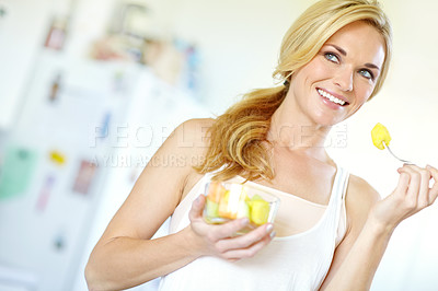 Buy stock photo Woman thinking, morning and fruit salad in home with smile, healthy breakfast and minerals for vitamins. Happy, Australia and female person with organic food for wellness, benefits and diet nutrition