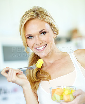 Buy stock photo Portrait of happy woman, healthy or fruit salad in home with smile, healthy breakfast or minerals for vitamins. Morning, Australia or person with organic food for wellness, benefits or diet nutrition