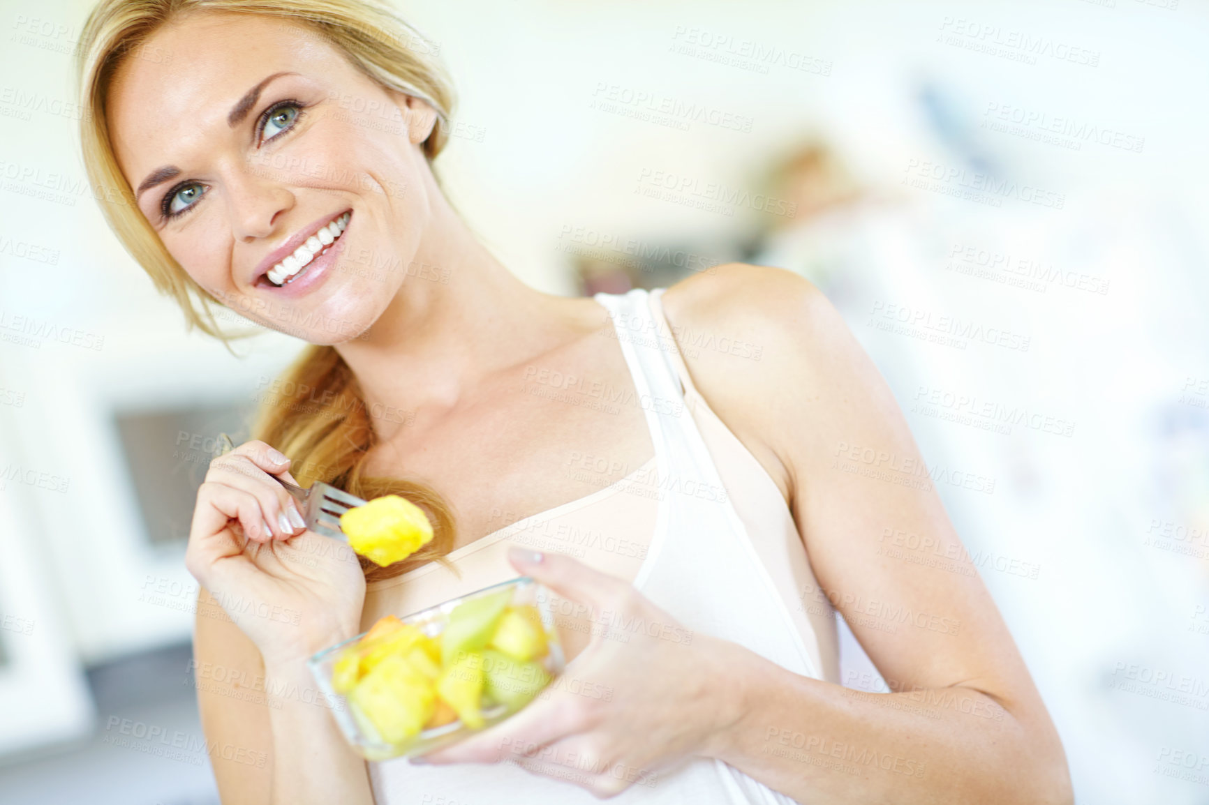 Buy stock photo Happy woman, thinking and eating fruit salad in home with smile, healthy breakfast and minerals for vitamins. Morning, Australia and model with organic food for ideas, benefits and diet nutrition