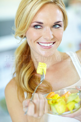 Buy stock photo Woman thinking, vegan and fruit salad in kitchen with smile, healthy breakfast or energy for vitamins. Home, Australia and happy person eating organic food for wellness, benefits or diet nutrition