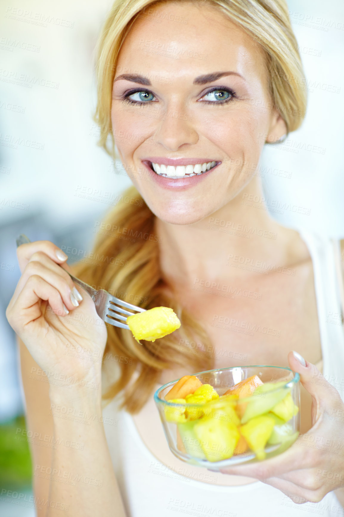 Buy stock photo Woman thinking, vegan or fruit salad bowl in kitchen with smile, healthy breakfast or energy for vitamins. Home, Australia or happy person eating organic food for wellness, benefits or diet nutrition
