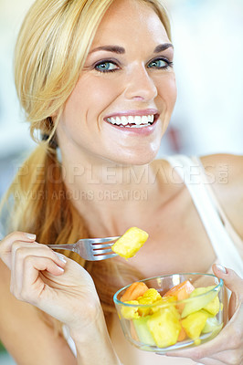 Buy stock photo Portrait of happy woman, morning or fruit salad in home with smile, breakfast or vitamins or energy. Healthy, Australia or person with organic food for wellness, benefits or diet meal nutrition 