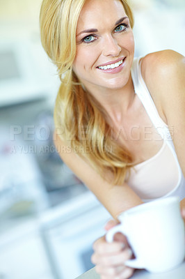 Buy stock photo House, portrait and woman with coffee, smile and joyful with cappuccino, morning and relax in lounge. Person, apartment and girl with herbal tea, face and espresso with happiness and weekend break