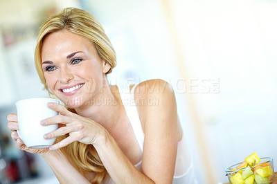 Buy stock photo Woman, coffee and kitchen with thinking and smile from day plan in home with hot drink. Wellness, calm and health tea with smile and happy from weekend break at beach house rental with mug to relax