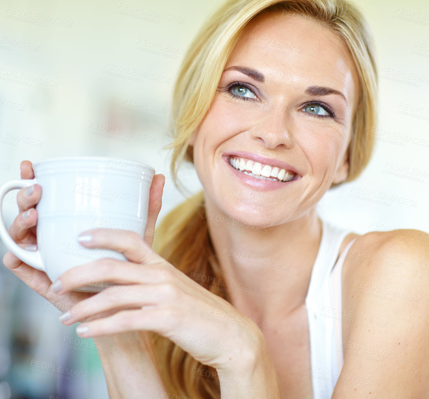 Buy stock photo Woman, coffee and morning in home with smile and thinking about day plan in kitchen with hot drink. Wellness, calm and health tea with smile and happy from weekend break at beach house with mug