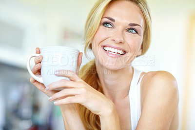 Buy stock photo Woman, coffee and morning in home with memory and thinking about day in kitchen with hot drink. Wellness, calm and health tea with smile and happy from weekend break at beach house rental with mug